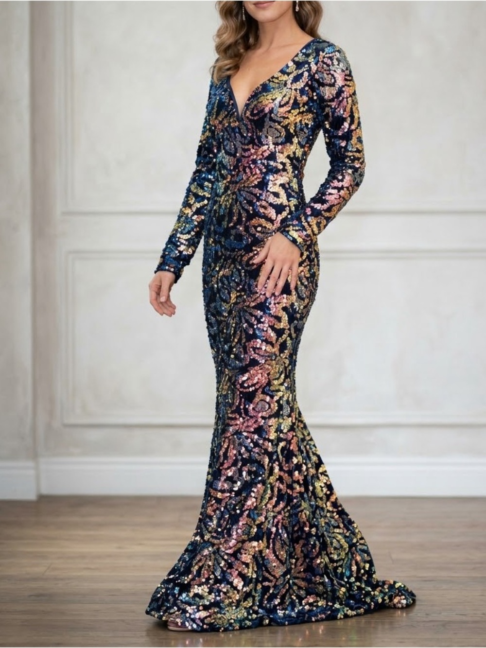 Fashion Nova sequin long sleeve open back velvet maxi dress